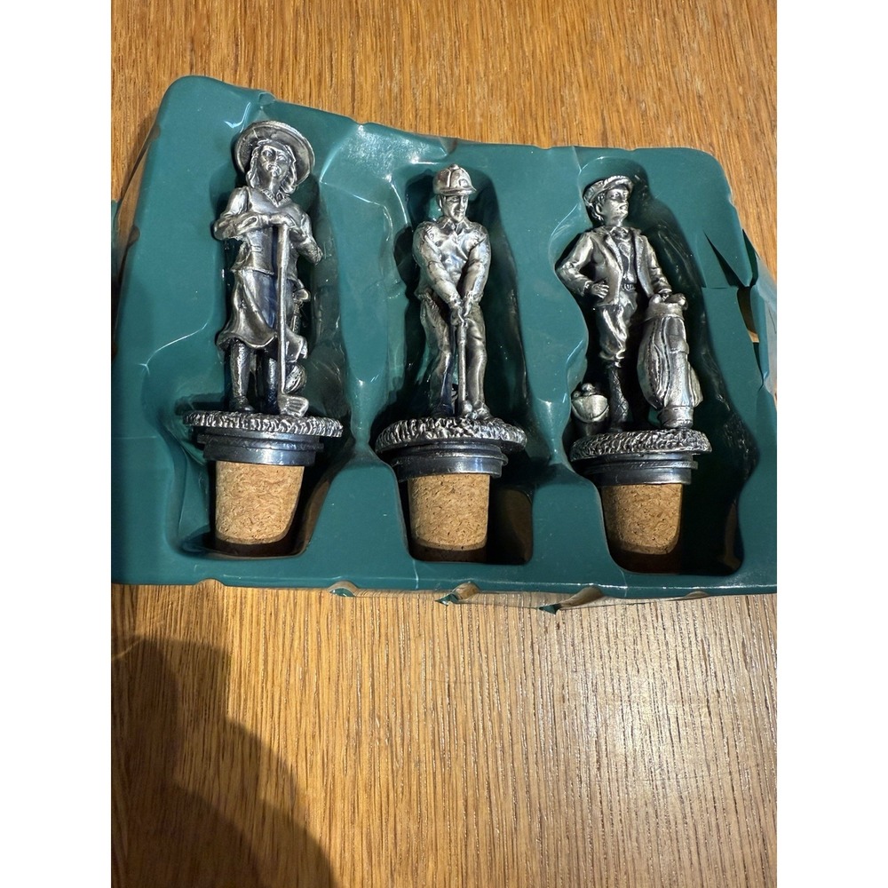 Vintage Golf Pewter-Style Wine Bottle Stoppers Set of 3 Metal Cork Barware